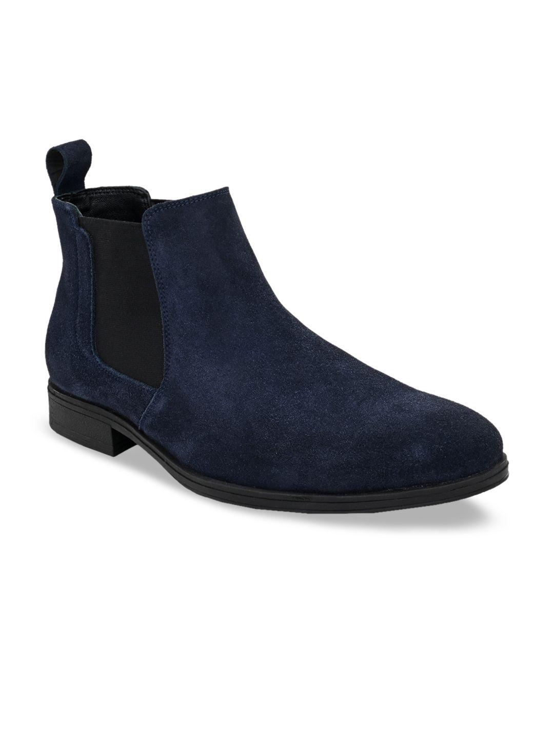 san frissco men navy blue solid leather mid-top chelsea boots