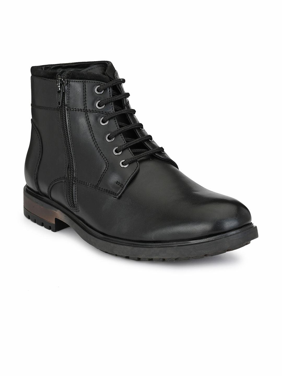 san frissco men black solid synthetic mid-top flat boots