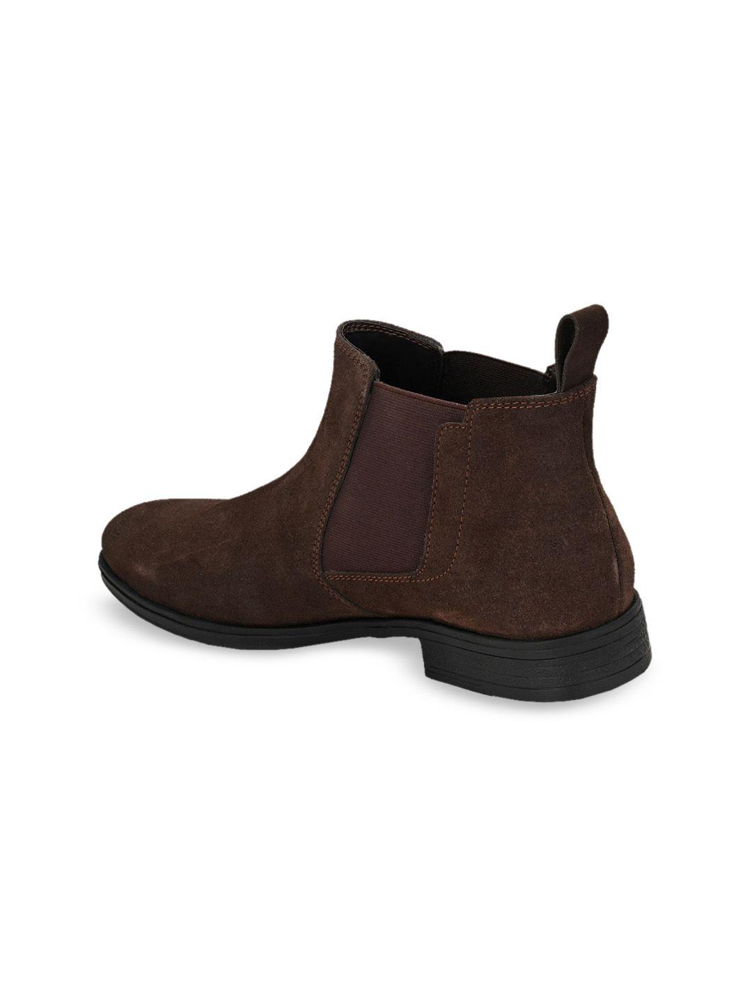 san frissco men brown solid leather mid-top flat boots