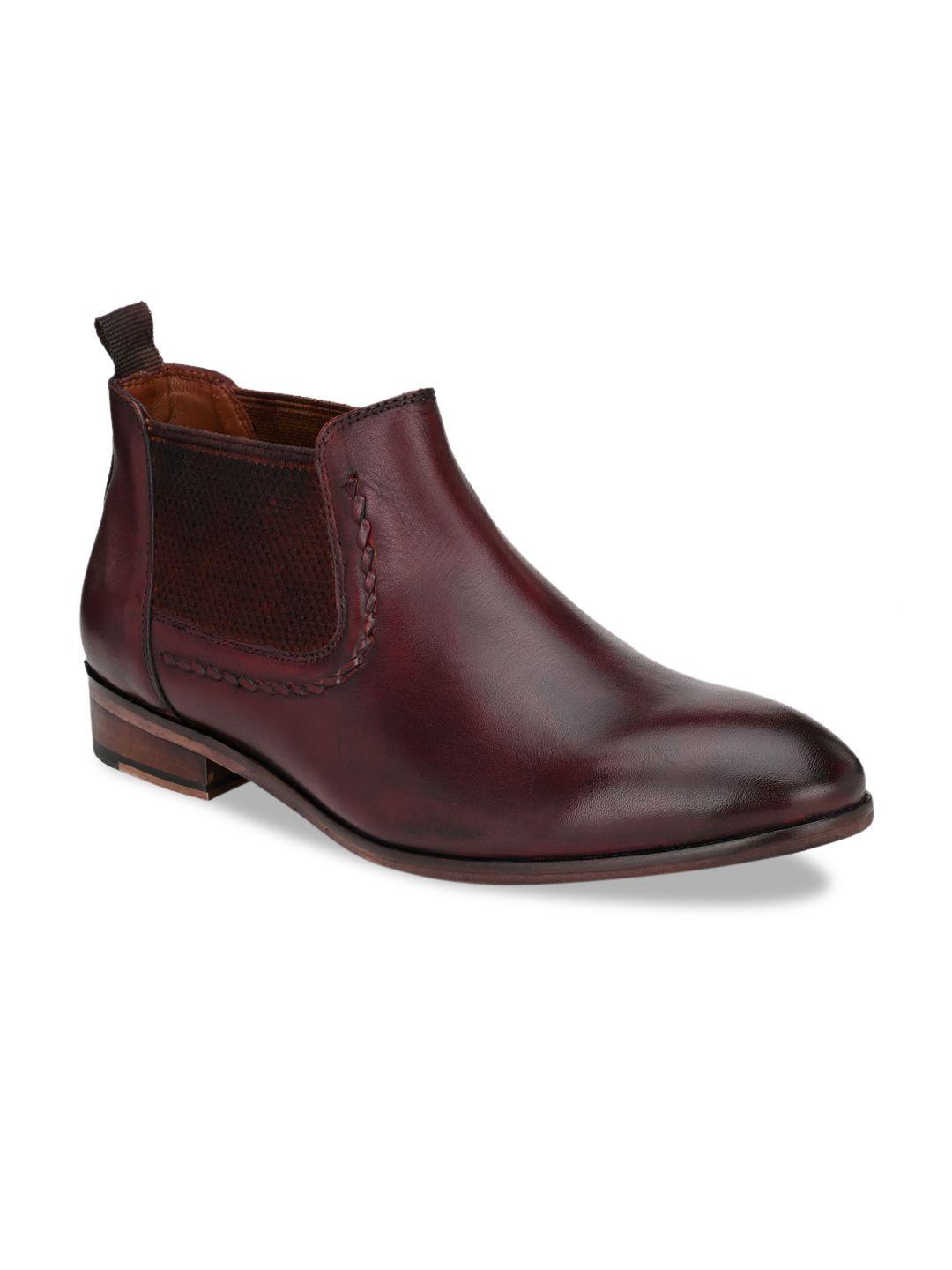 san frissco men burgundy colourblocked leather mid-top flat boots