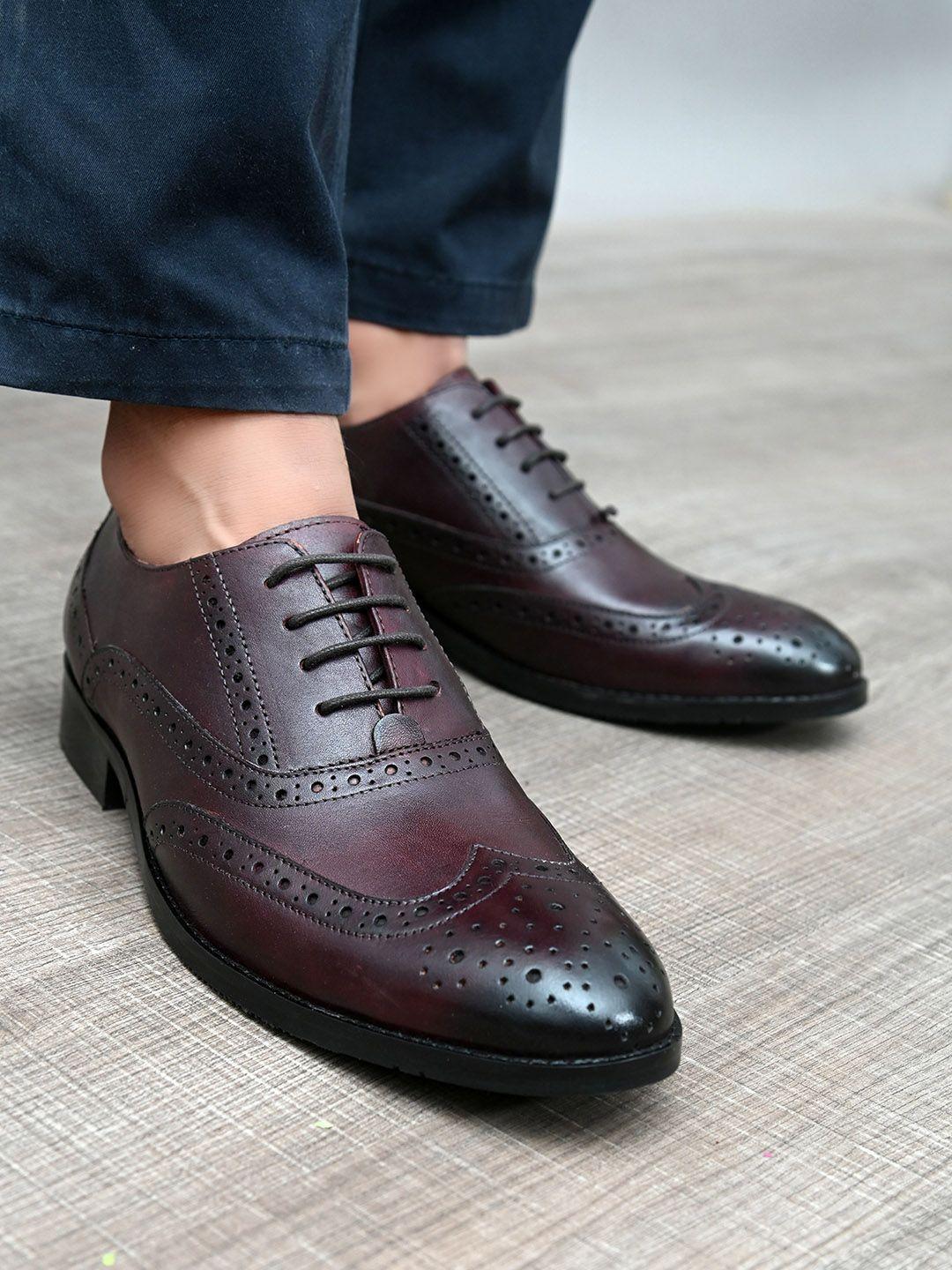 san frissco men maroon textured genuine leather formal brogue shoes