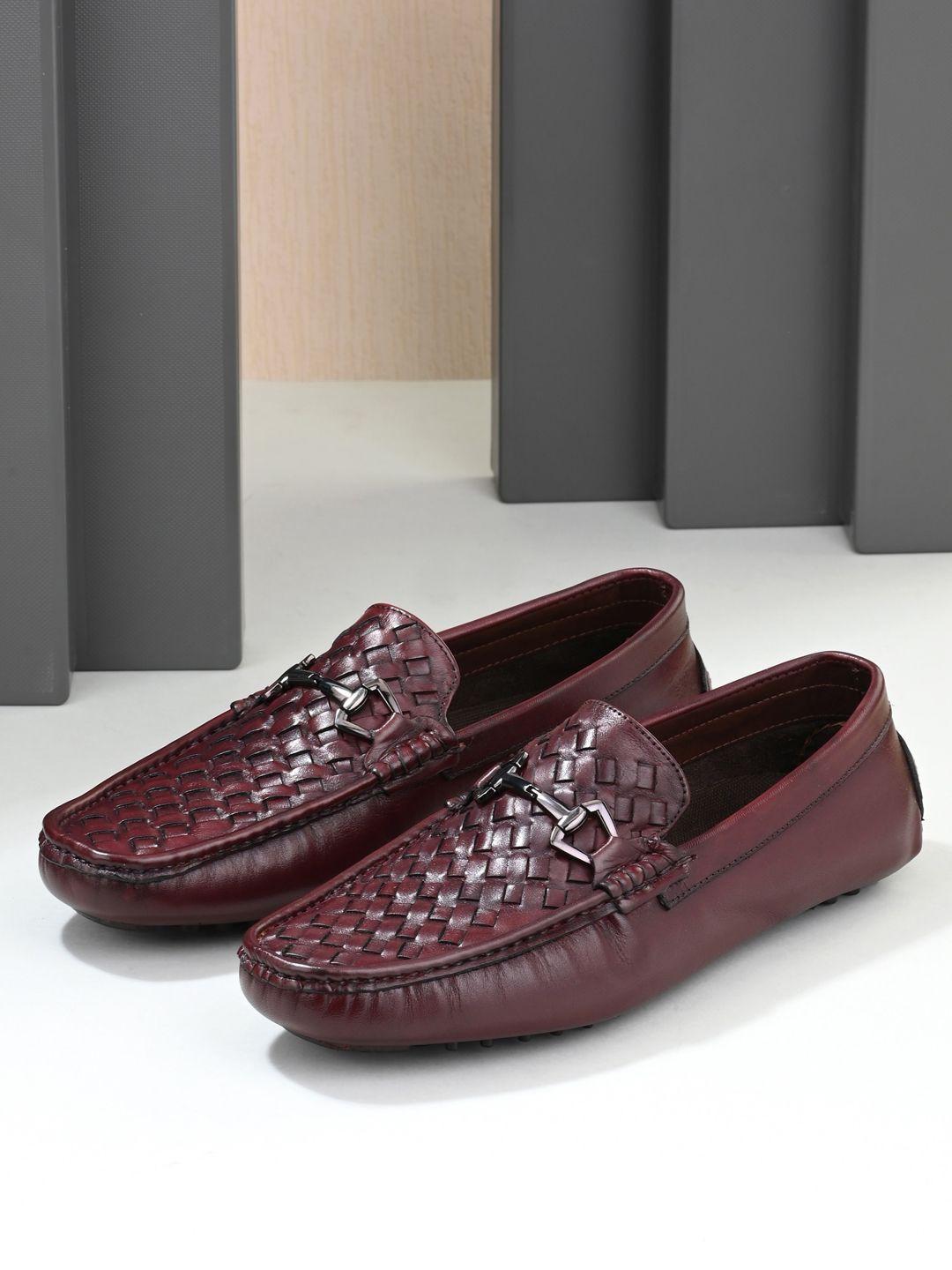 san frissco men maroon woven design leather horsebit loafers