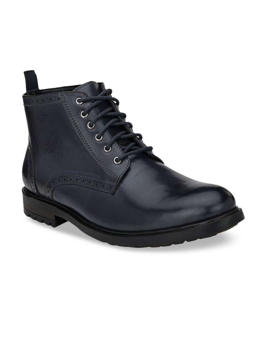 san frissco men navy blue solid synthetic high-top flat boots