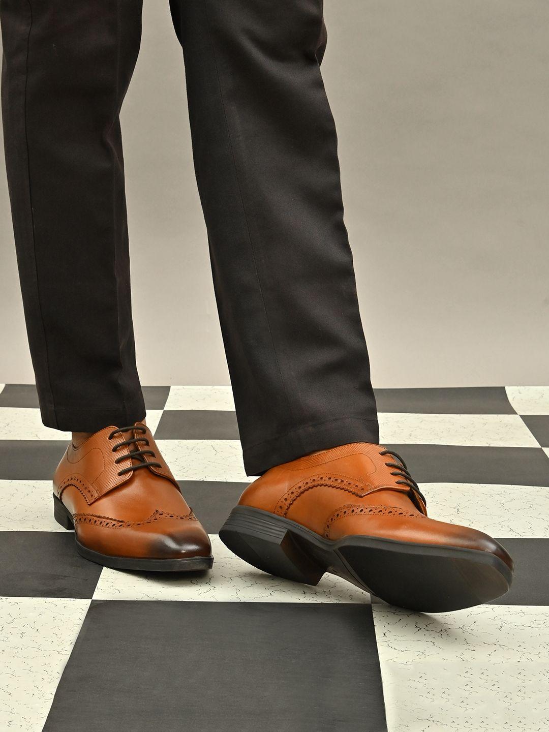 san frissco men tan-brown solid leather formal brogues