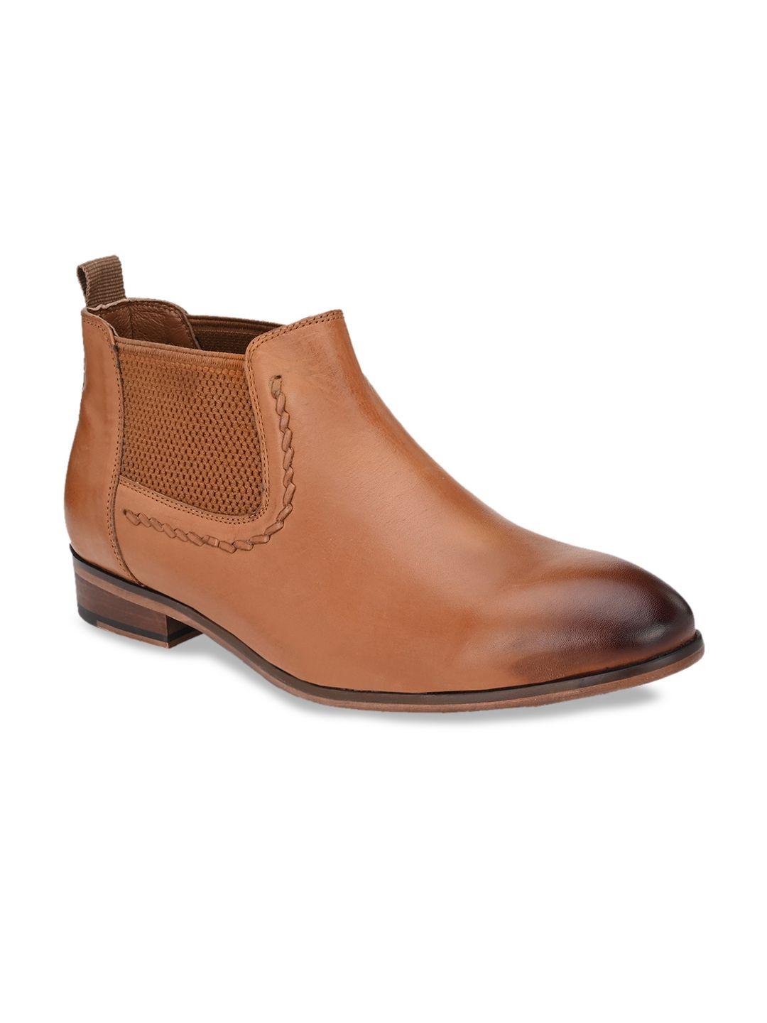 san frissco men tan solid leather mid-top flat boots