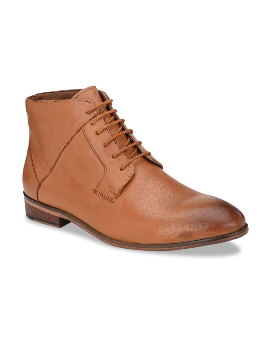 san frissco men tan solid leather mid-top flat boots