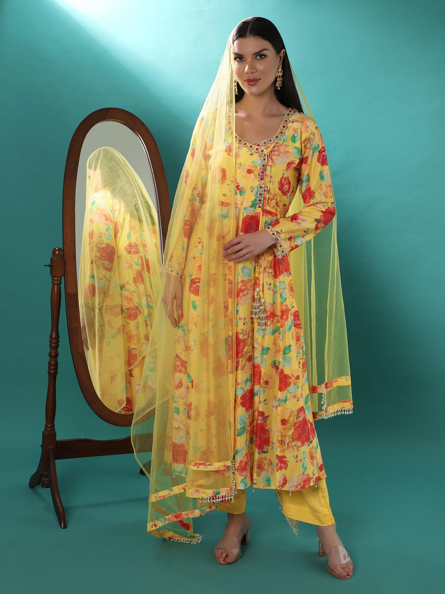 sana yellow floral anarkali kurta with pant & dupatta (set of 3)