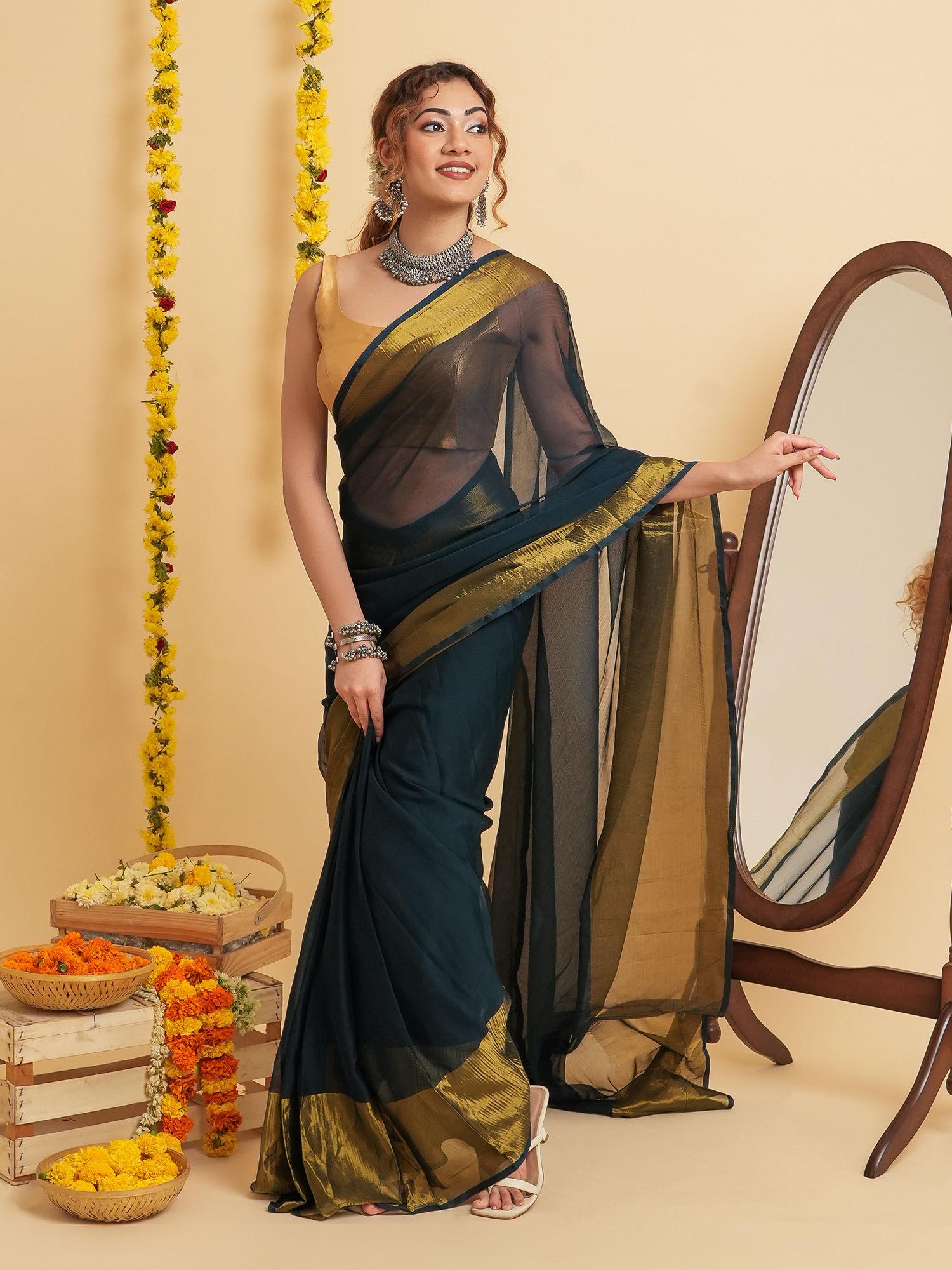 sanah blue chiffon ready to drape saree with unstitched blouse