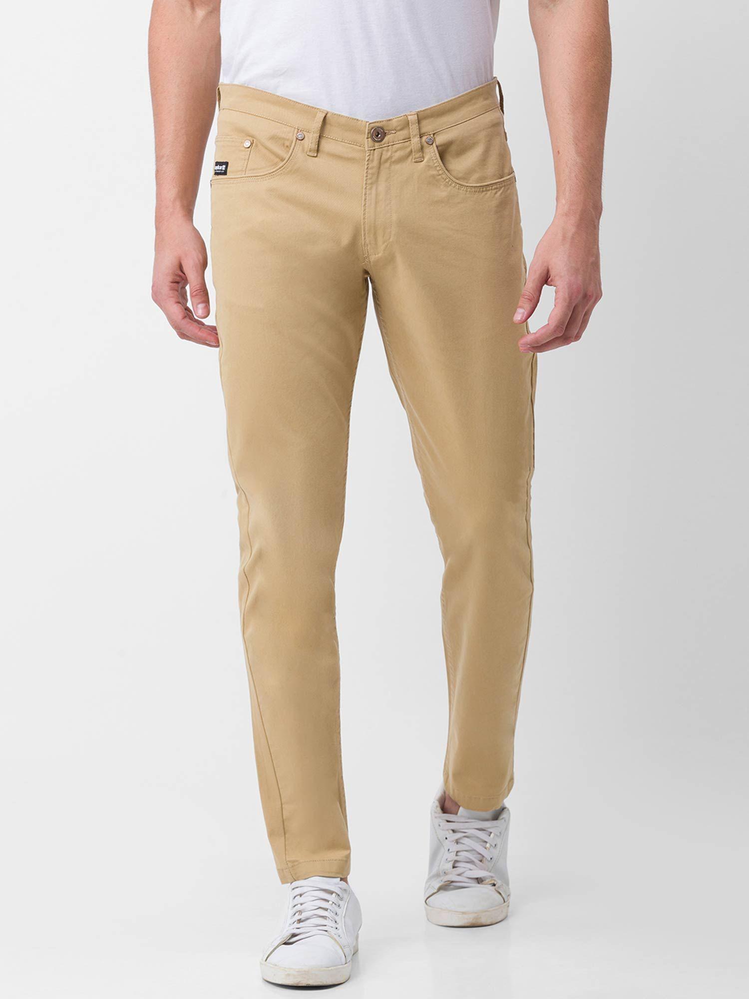 sand khaki cotton slim fit tapered length trousers for men