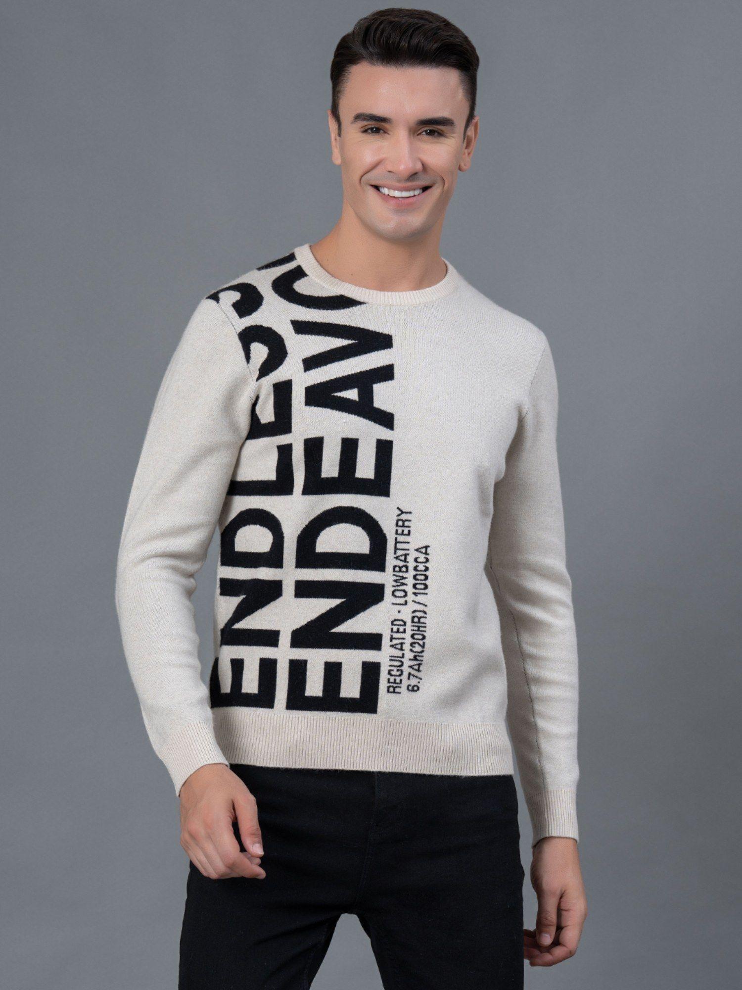sand typographic print viscose poly nylon men's sweater