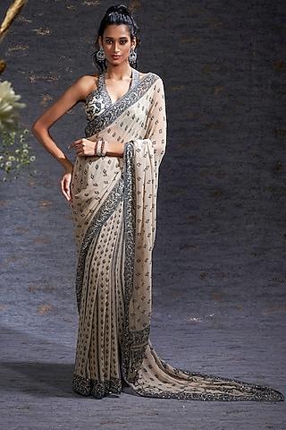 sand & charcoal georgette printed saree-set