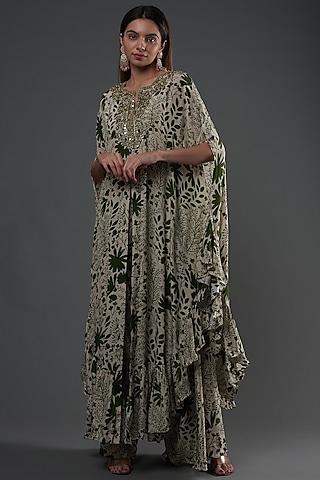 sand & green natural crepe printed & embroidered cape set