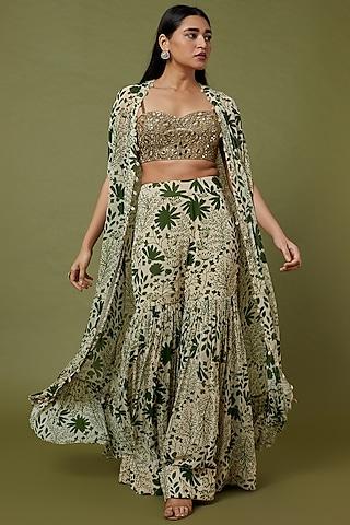 sand & green printed cape set