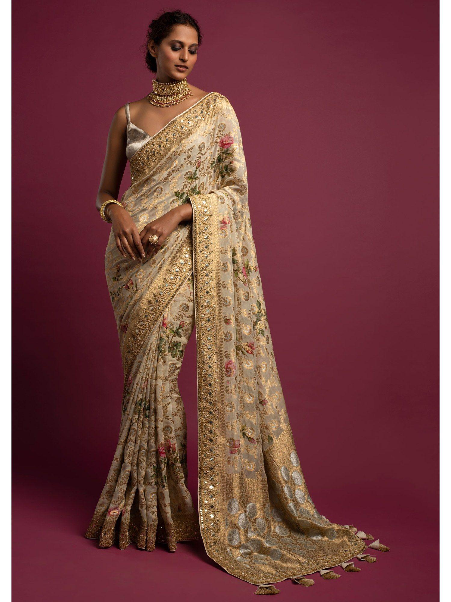 sand beige banarasi saree weaved floral jaal all over with unstitched blouse