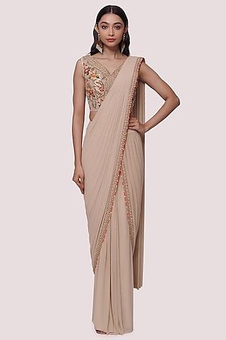sand beige lycra net embellished pre-stitched saree set