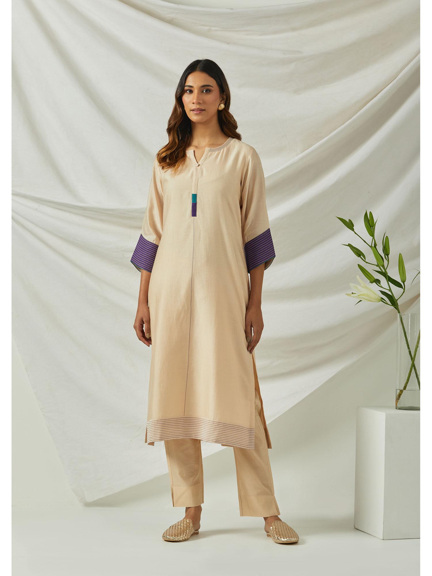 sand chanderi kurta and pants set (set of 2)