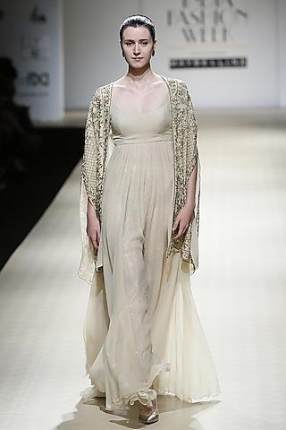 sand color embroidered gown, trouser and jacket set