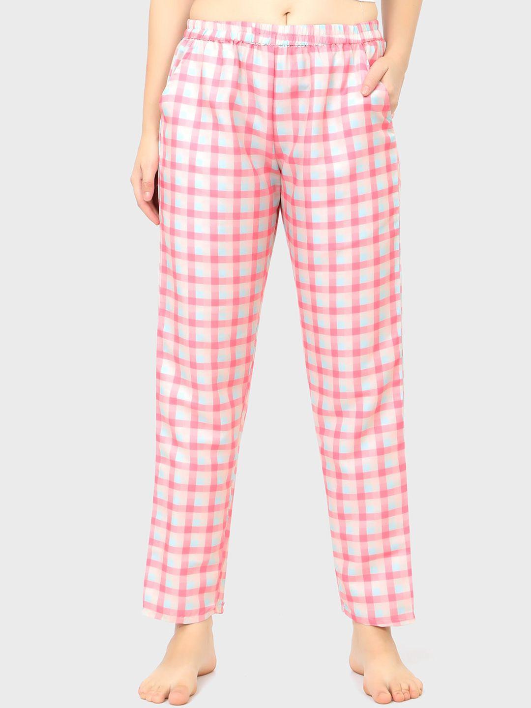 sand dune women pink & white checked cotton lounge pants