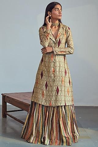 sand dupion silk embroidered & printed kurta set