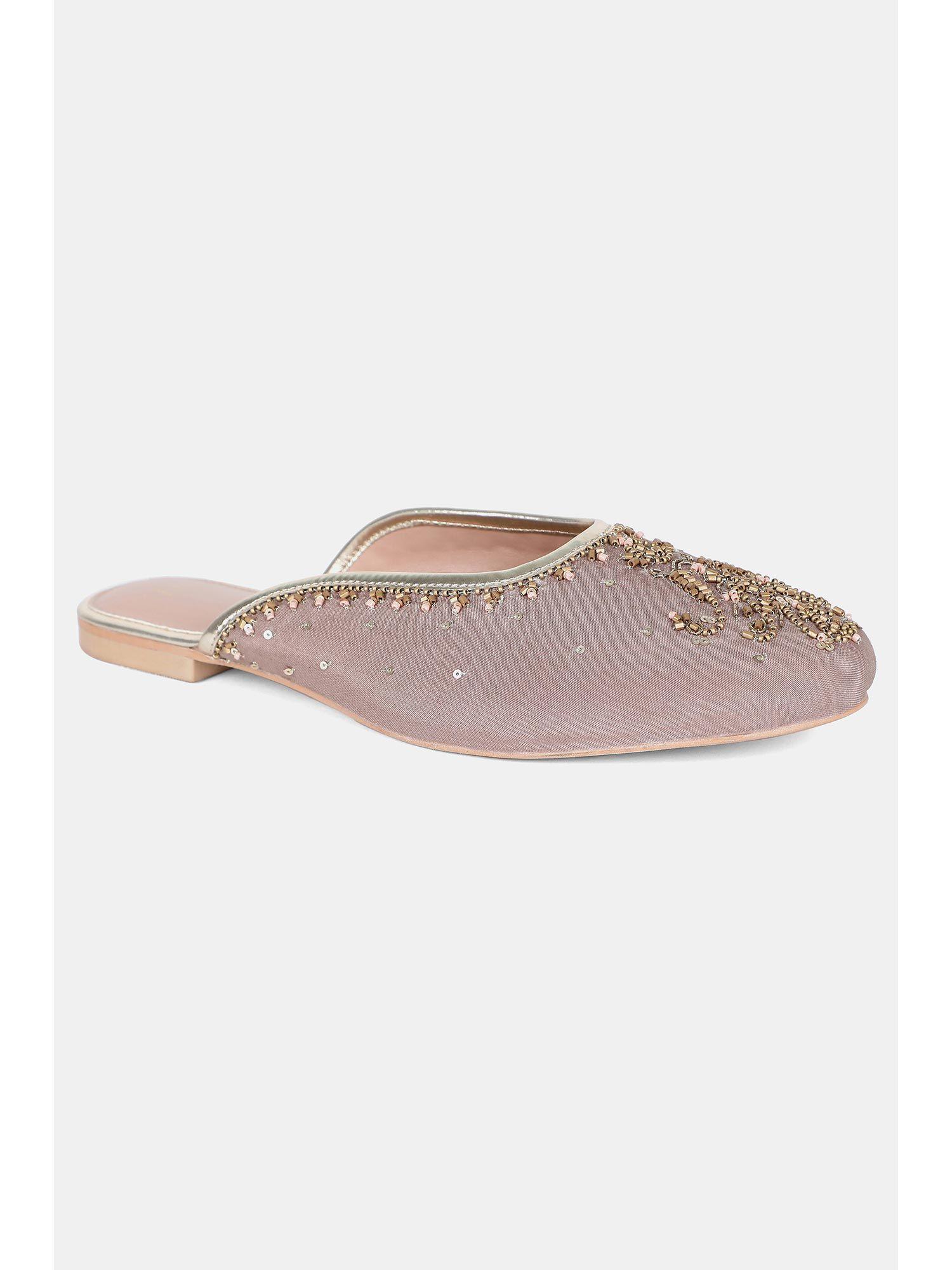 sand embroidered round toe flat