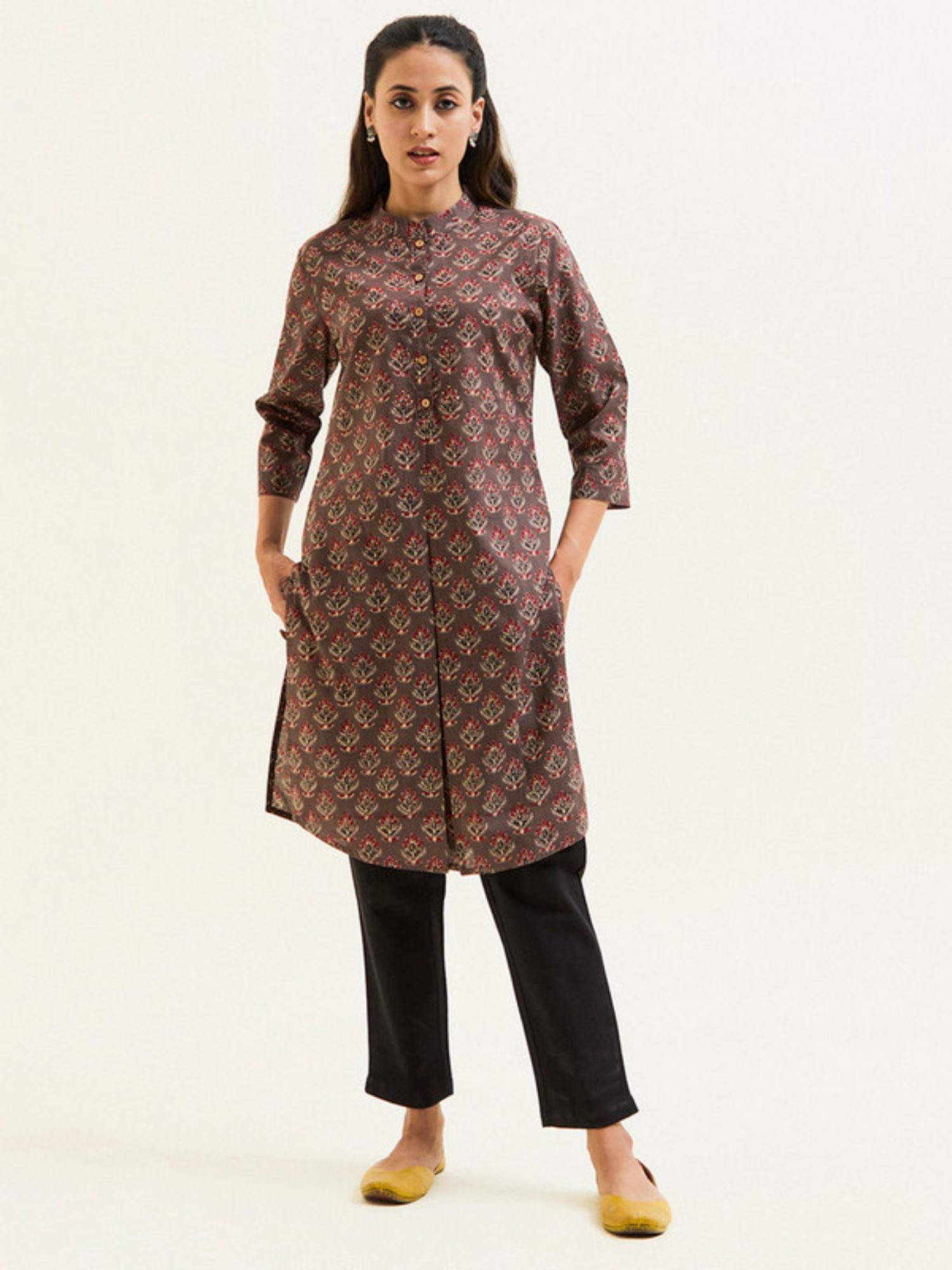 sand grey ethnic printed short kurta