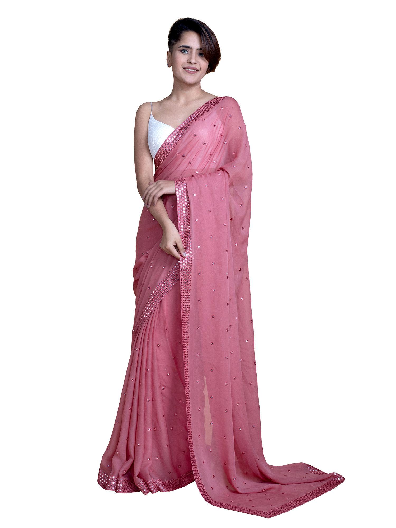 sand rose viscose foil mirror embroidered saree without blouse