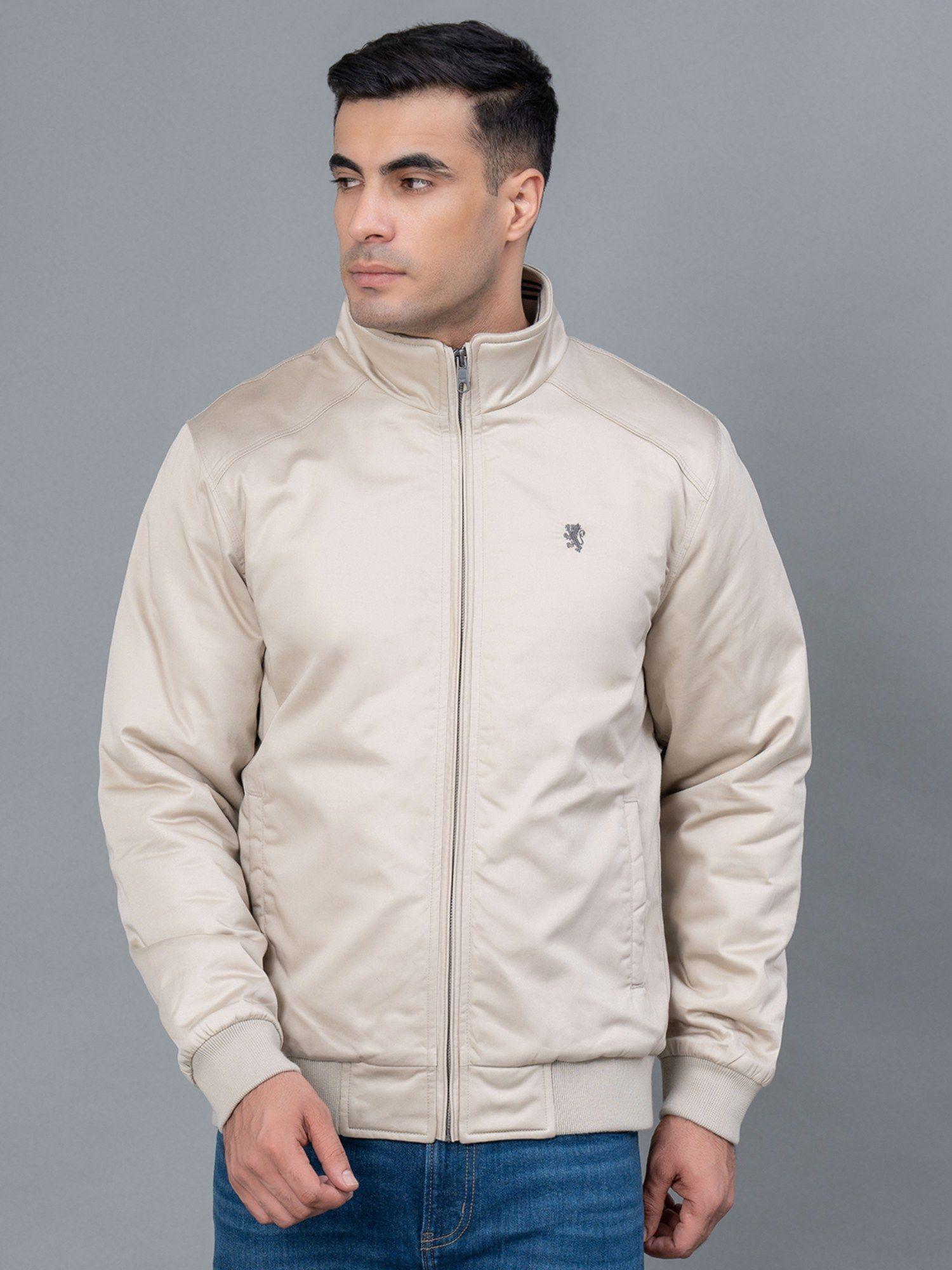 sand solid cotton men's bomber jacket