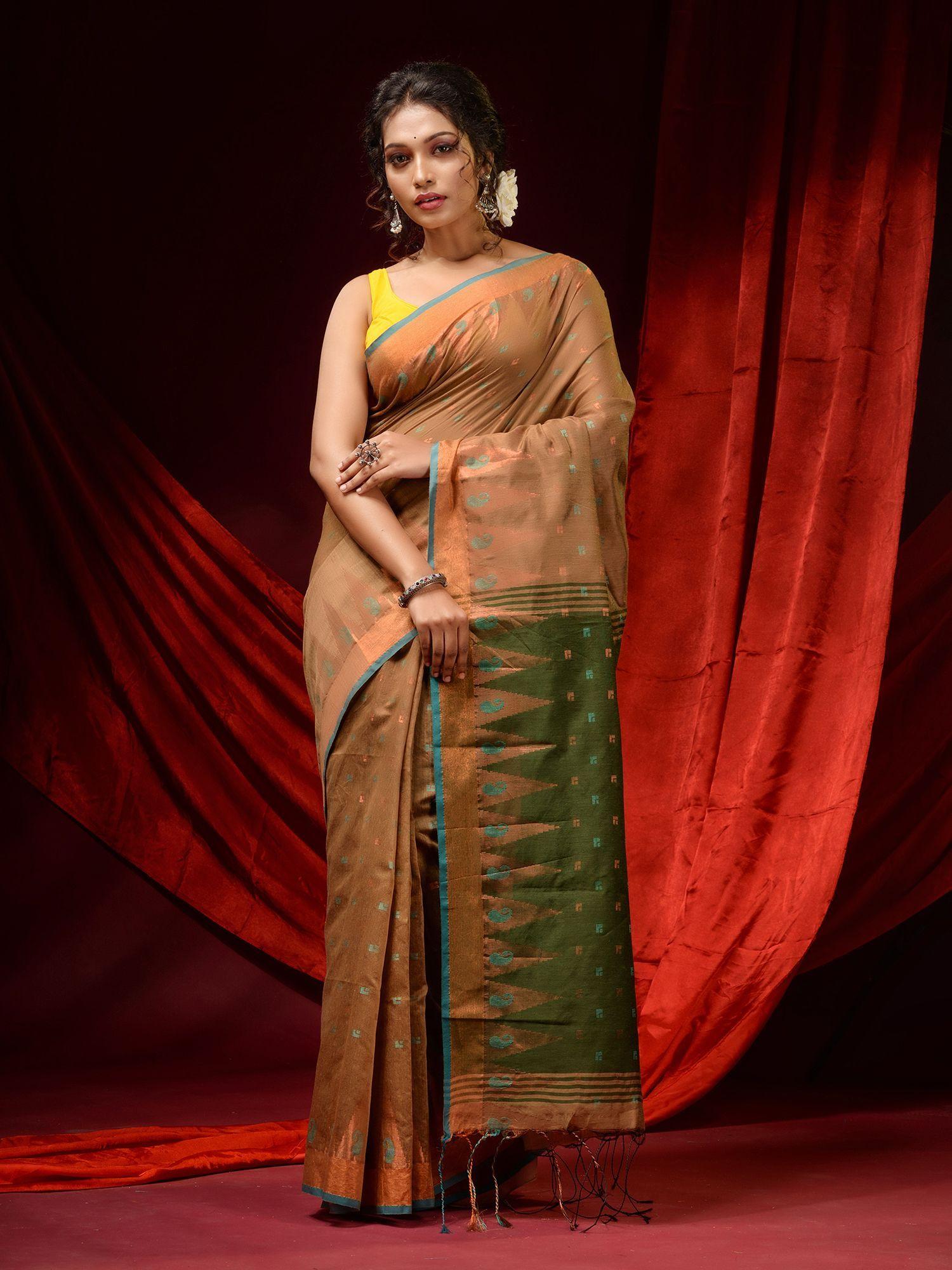 sandcastle beige cotton woven ethnic motifs & temple borders saree with unstitched blouse