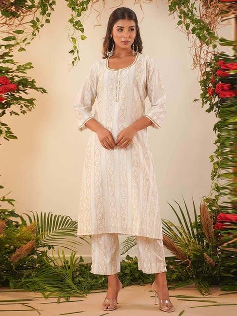 sandlore off-white printed kurta pant set with dupatta