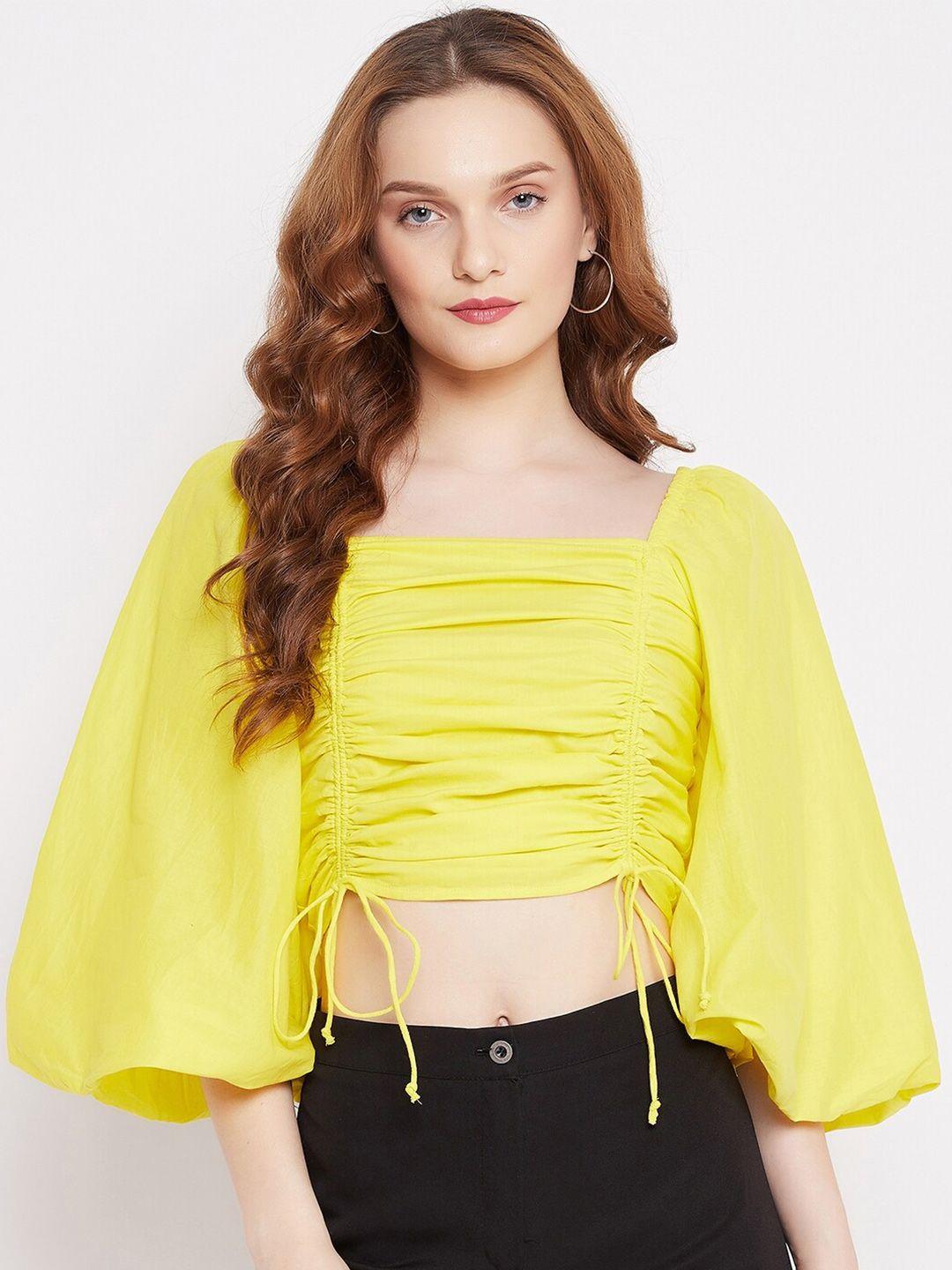 sandy and ritz yellow solid smocked fitted crop sustainable top