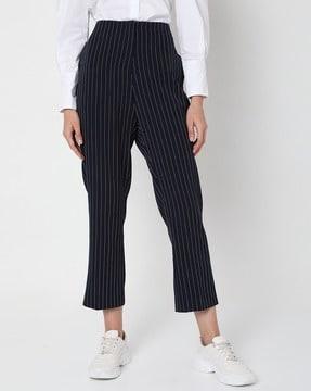 sandy striped flat-front pants with insert pockets