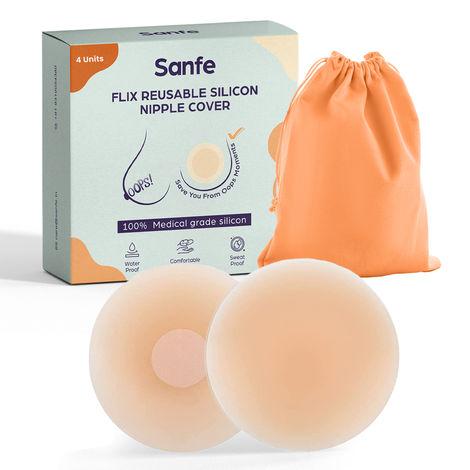 sanfe flix reusable silicone nipple cover| 10 times reusable| skin-friendly adhesive| medical grade silicone| 4 pieces