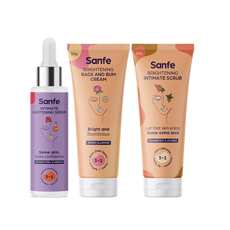 sanfe intimate lightening serum with orange peel + brightening back & bum cream and intimate scrub