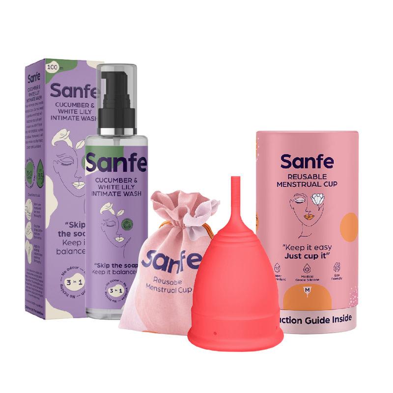 sanfe resuable menstrual cup medium and cucumber intimate wash