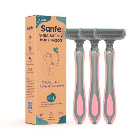 sanfe shea butter body razor for women's hair removal - pack of 3 protective sleeve & anti-slip grip