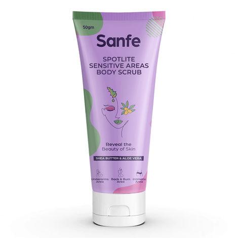 sanfe spotlite sensitive areas body  scrub for underarms area, back & bum area, intimate area| 50gm