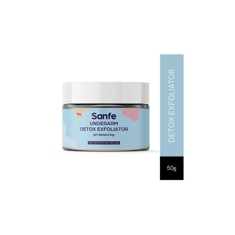 sanfe underarm detox scrub with mask for all skin types with dead sea mud and blue sea kale