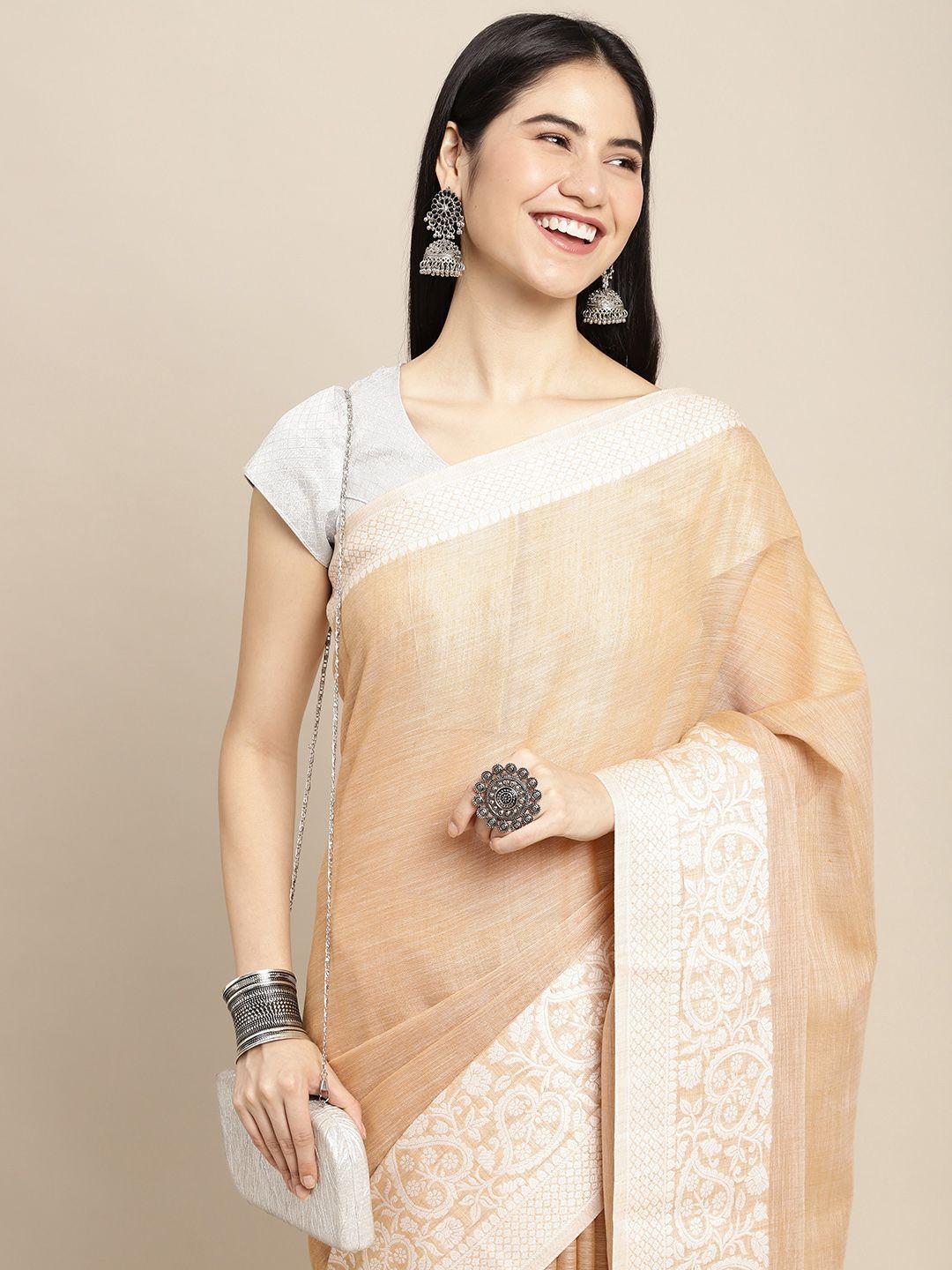 sangam prints beige & white solid linen blend saree