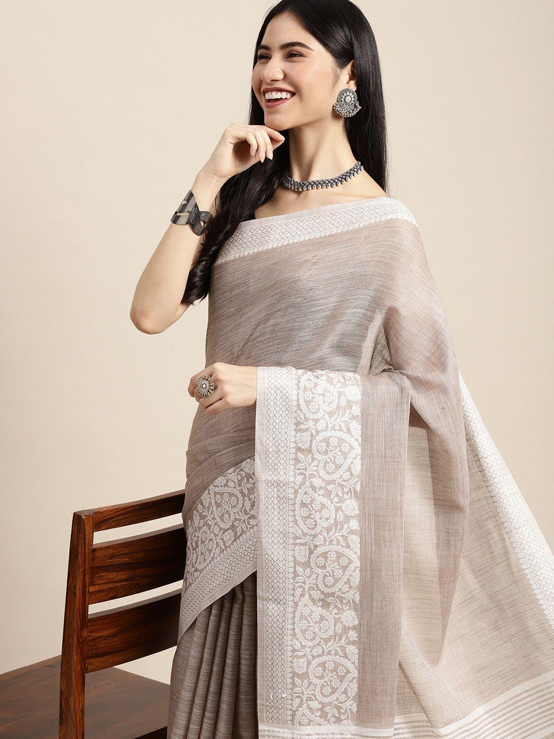 sangam prints beige embroidered linen blend saree