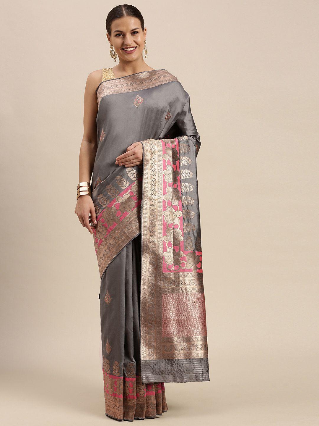 sangam prints charcoal grey & golden ethnic motifs zari pure silk saree