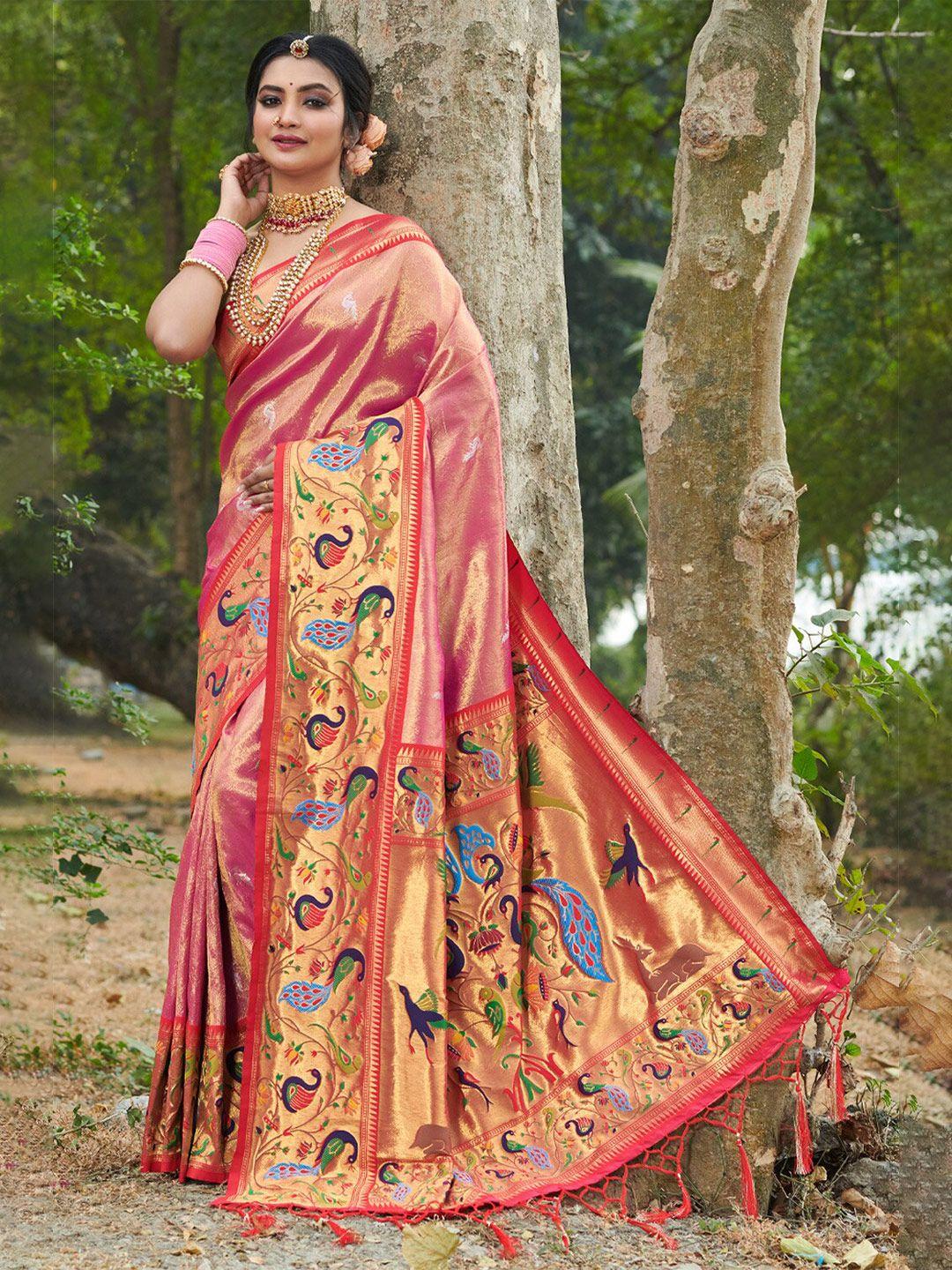 sangam prints ethnic motif woven design zari pure silk paithani saree