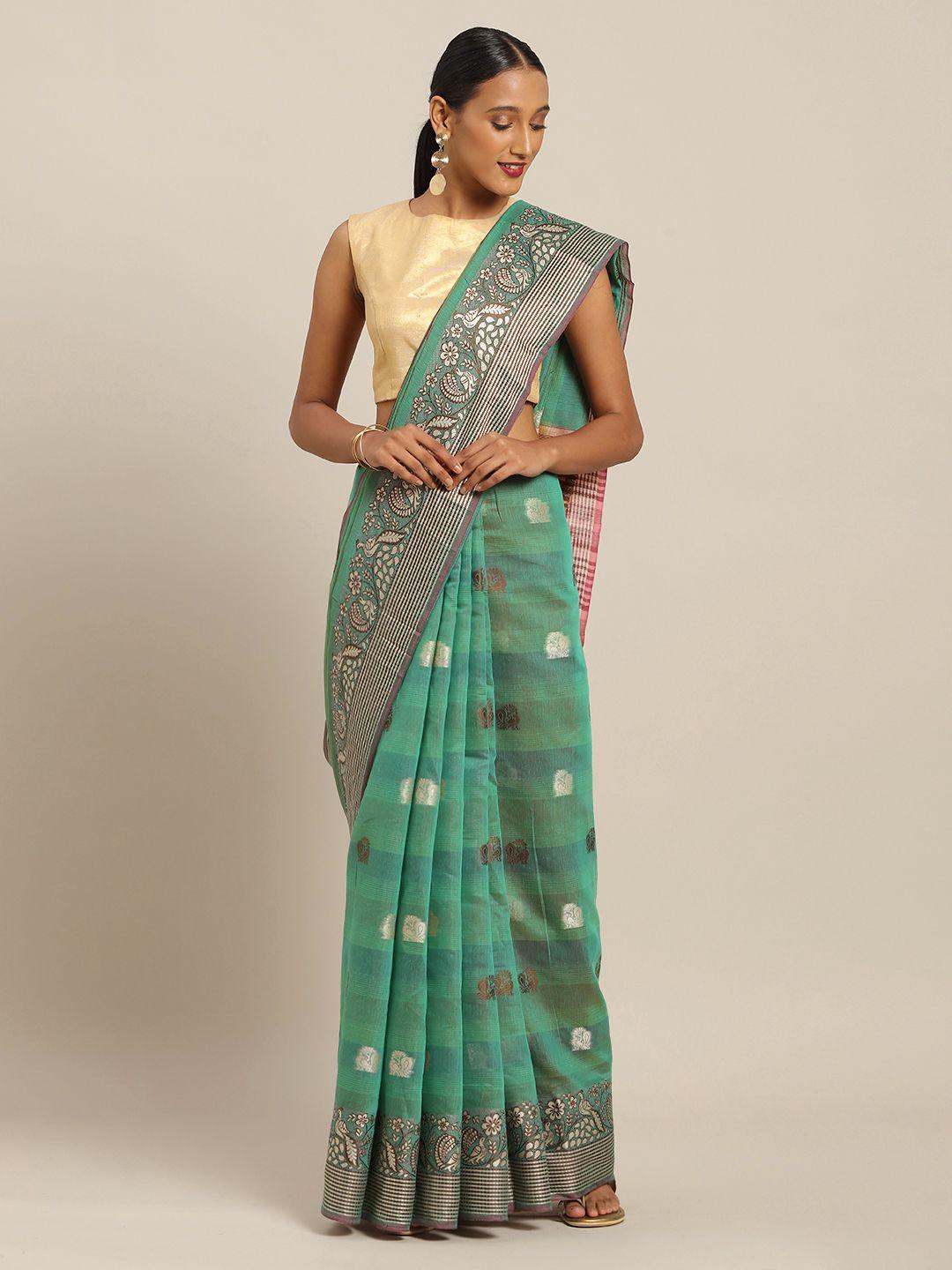 sangam prints green & brown pure cotton woven design handloom saree