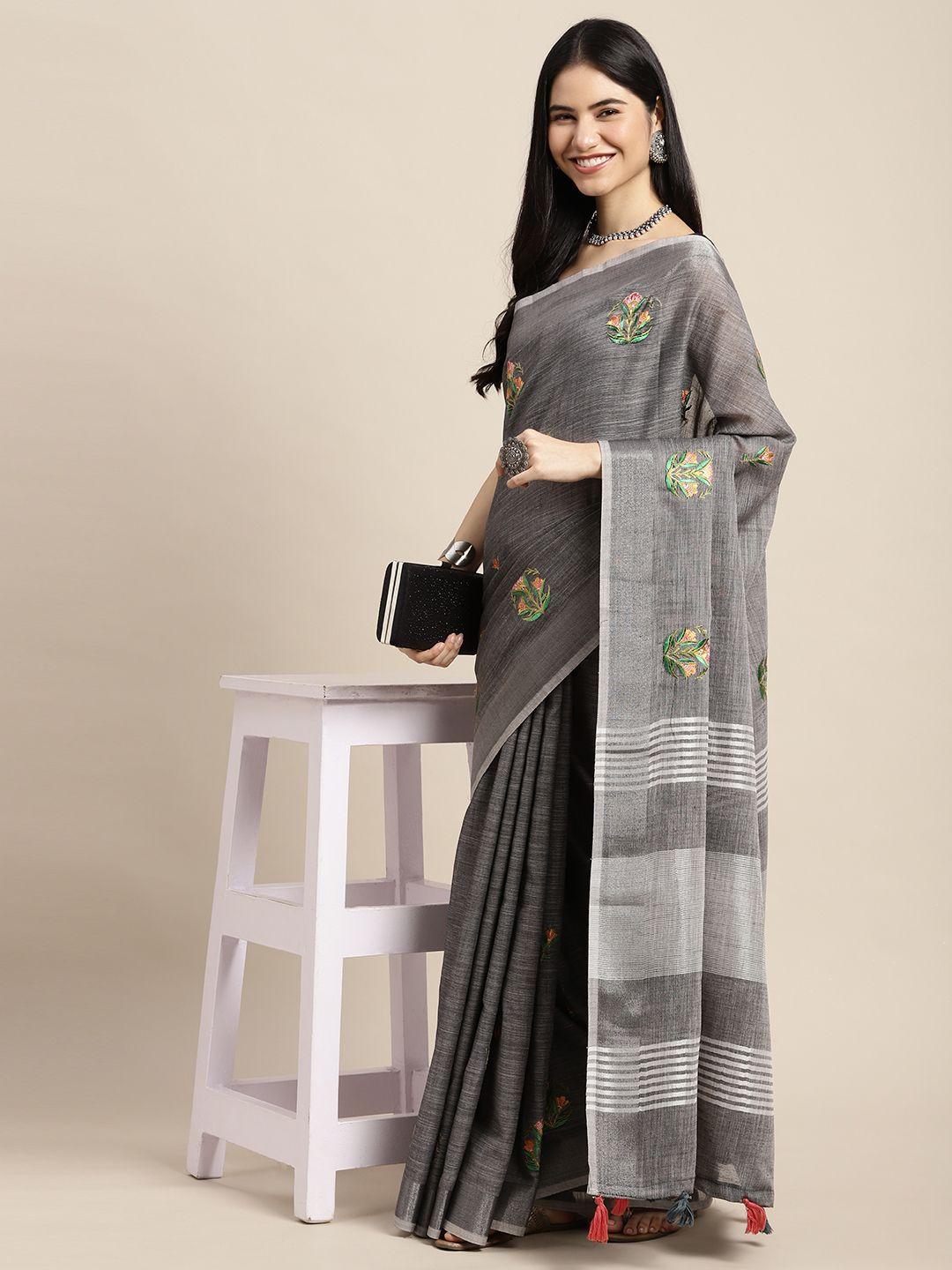 sangam prints grey & green floral embroidered linen blend saree