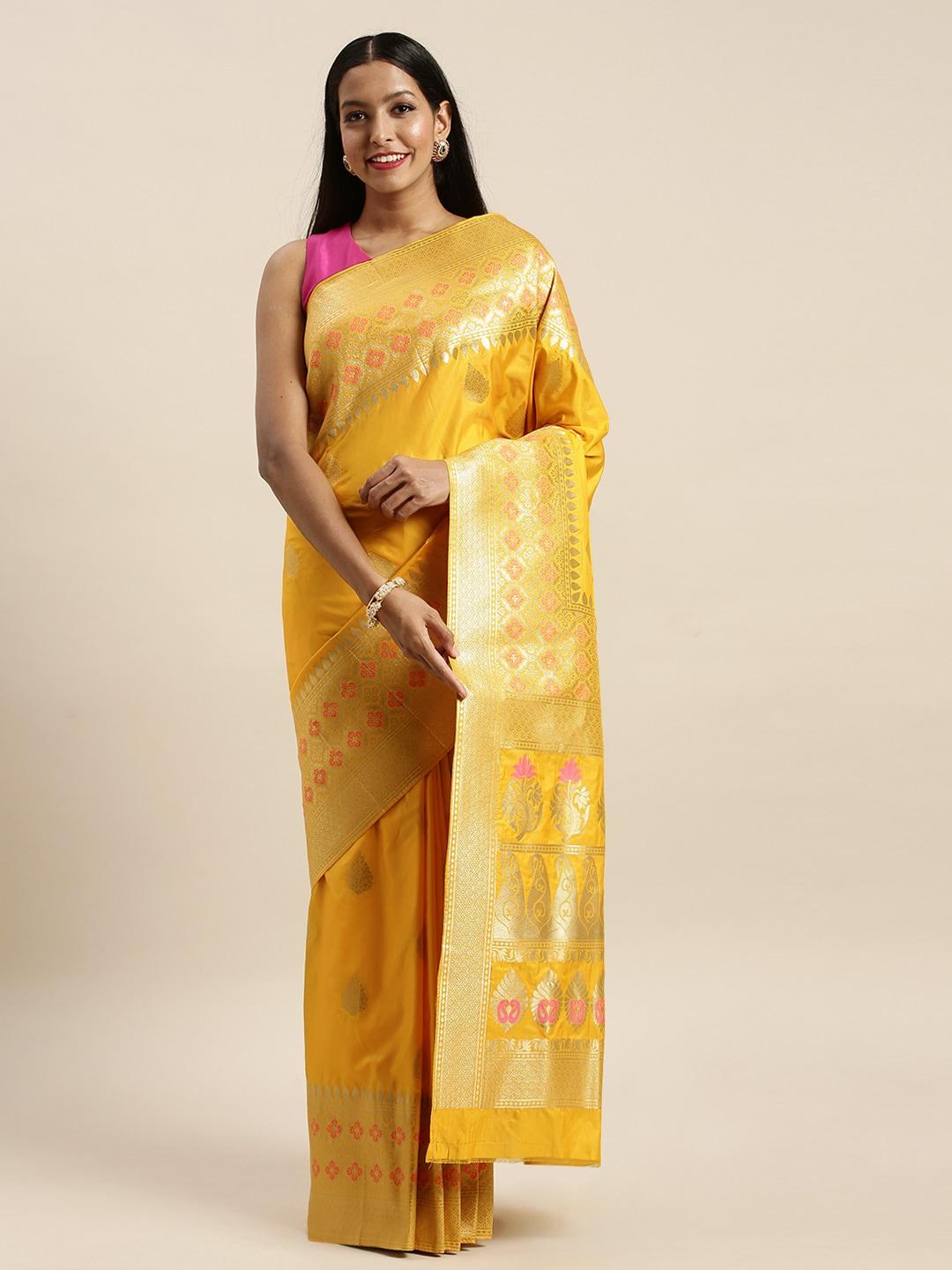 sangam prints mustard yellow & golden pure silk woven design saree
