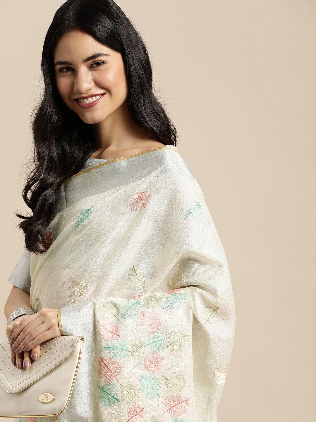 sangam prints off white leaf woven design saree