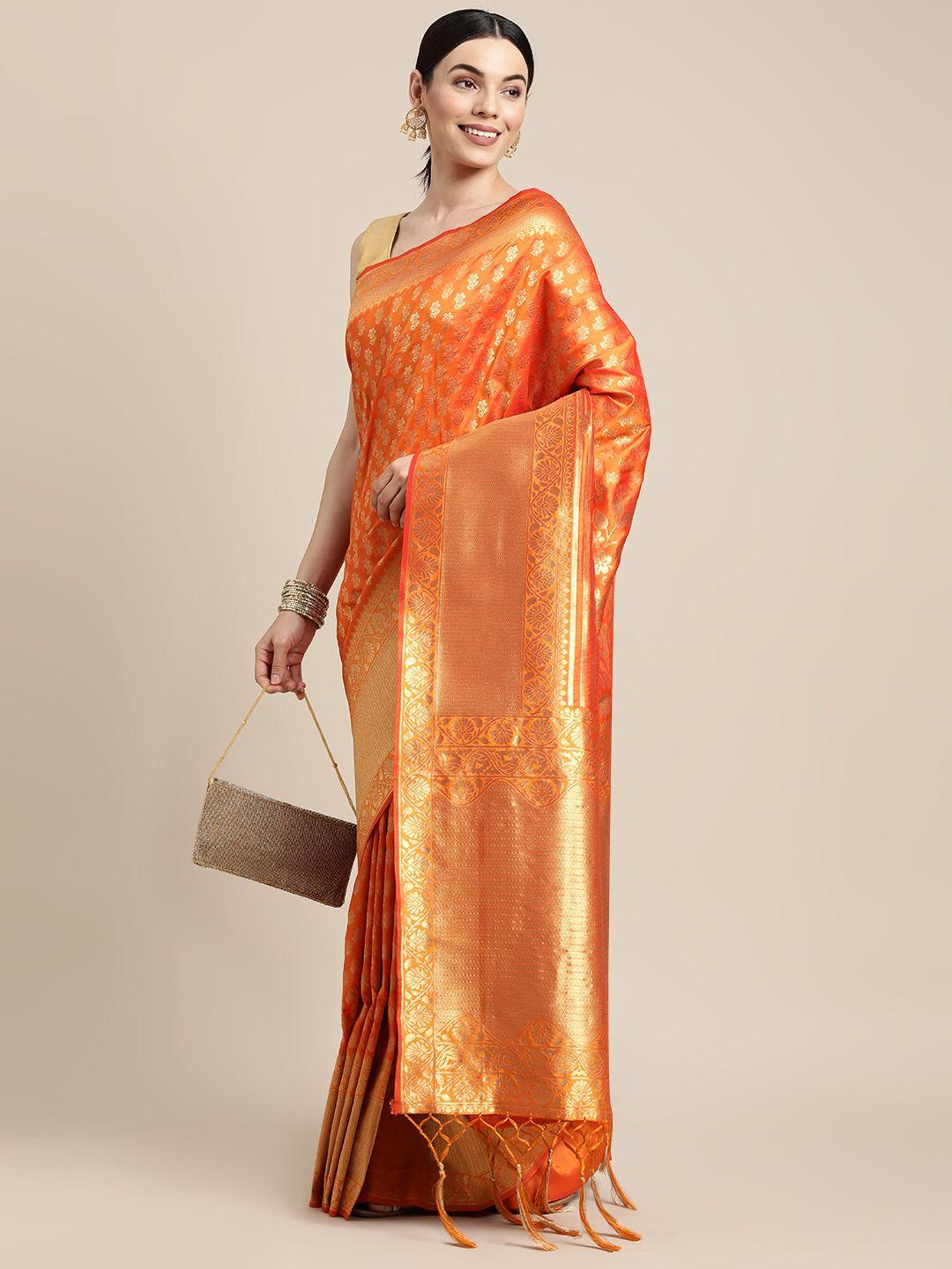 sangam prints orange & golden ethnic motifs silk blend saree