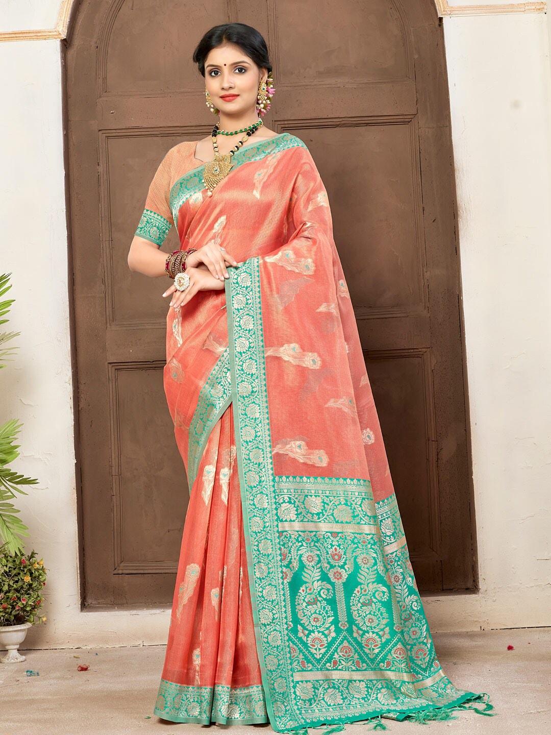 sangam prints peach-coloured & teal woven design zari saree