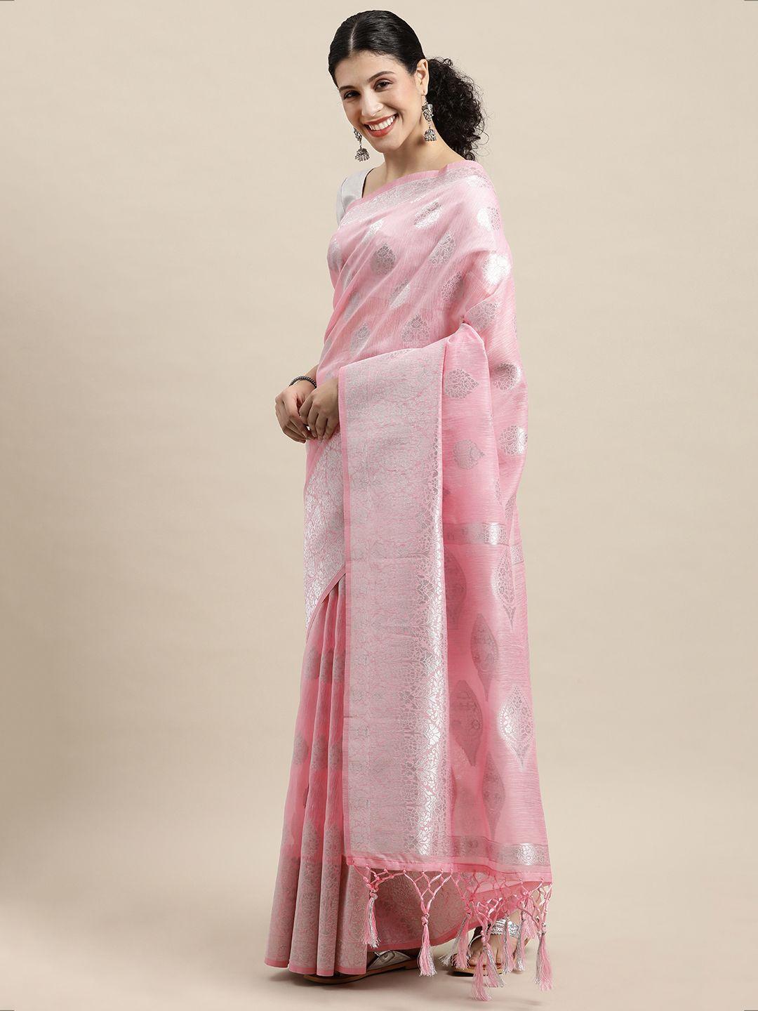 sangam prints pink & silver woven design zari saree