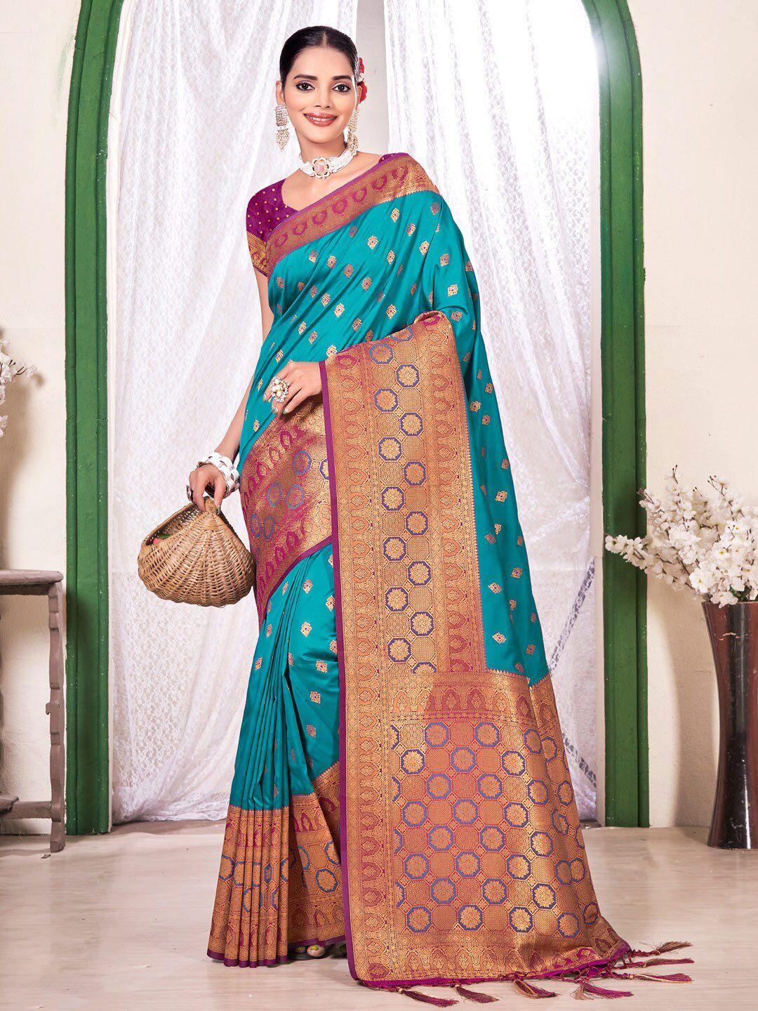 sangam prints sea green & purple woven design zari silk blend banarasi saree