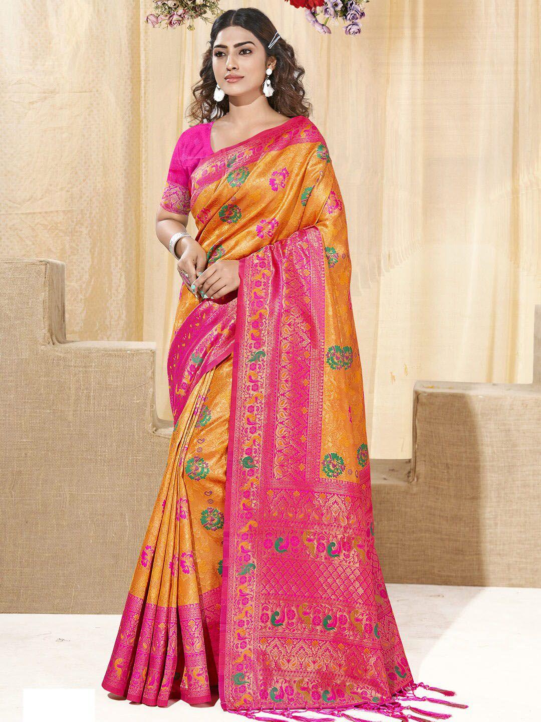 sangam prints yellow & red woven design zari silk blend kanjeevaram saree